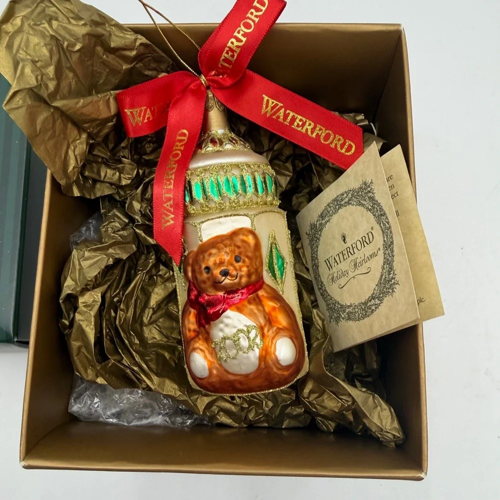 Waterford Holiday Heirlooms 2002 Baby's First Bottle Glass Ornament Teddy Bear